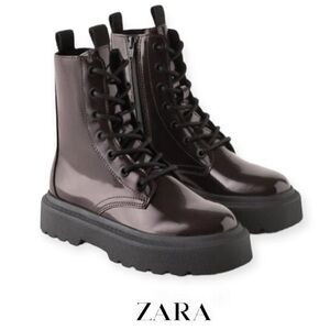 Zara Glossy Burgandy Lace-Up Boots